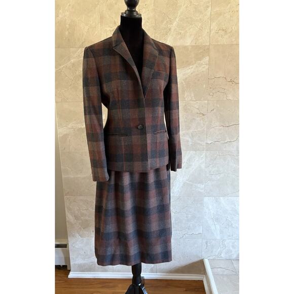 VTG Pendleton Plaid Wool Blazer Skirt Set - Small Brown USA Dark Academia Preppy - Picture 2 of 15